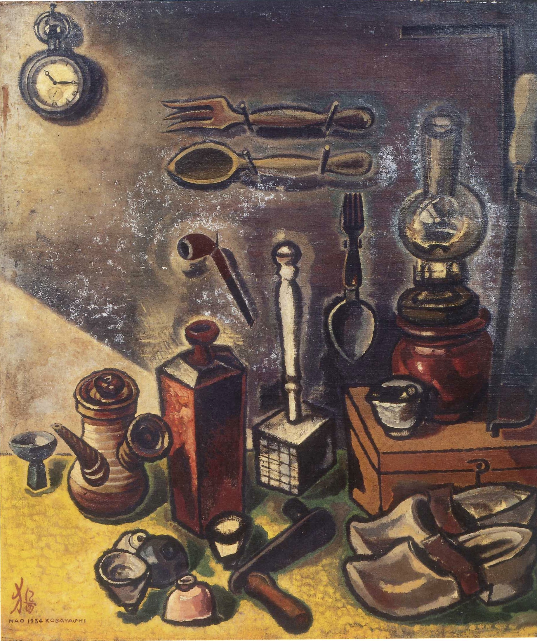 油彩 静物画 桃と黒い壺